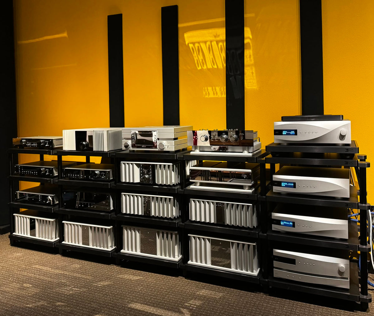 The Burmester wall in the Big Room at Pearl Audio, Portland