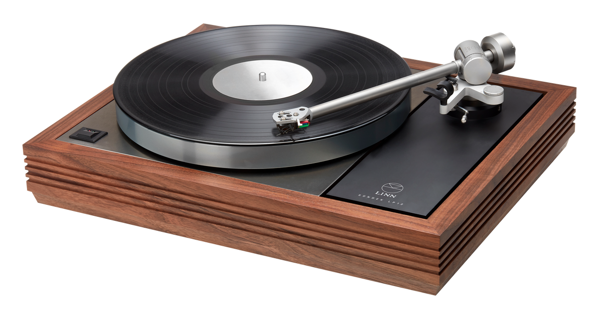 Linn Klimax LP12 turntable with Ekos SE and Ekstatik, three-quarter view, playing
