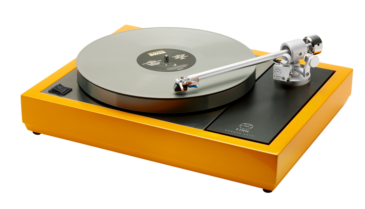 Linn Majik LP12 MM turntable, three-quarter view, playing
