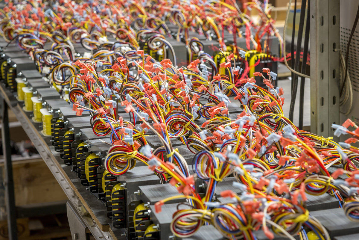 A rack of finished Autoformers, wound and wired in the McIntosh factory in Binghamton, New York