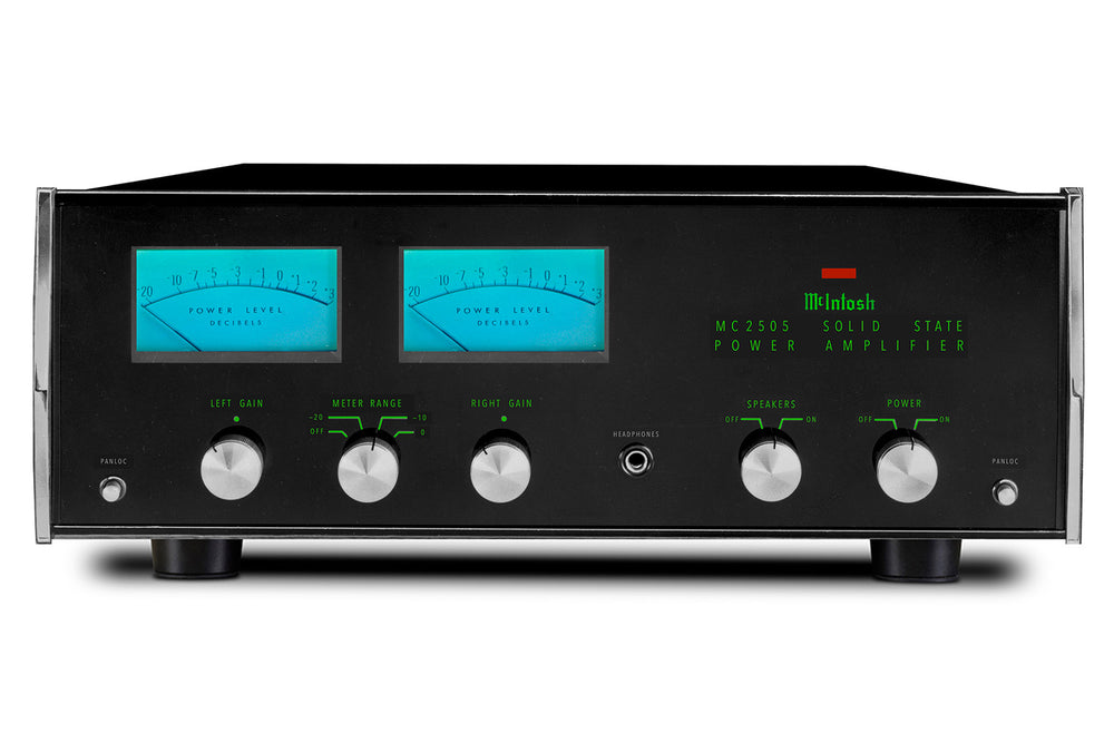 McIntosh MC2505 front panel with two illuminated blue power-level meters and its Meter Range control.