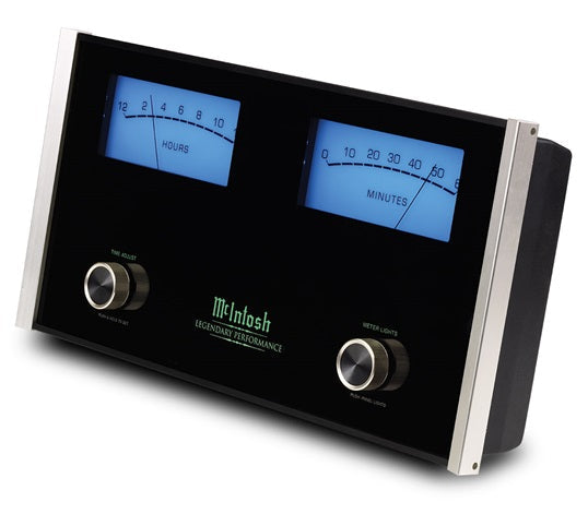 McIntosh MCLK12 clock with a blue hours meter on the left and a blue minutes meter on the right.