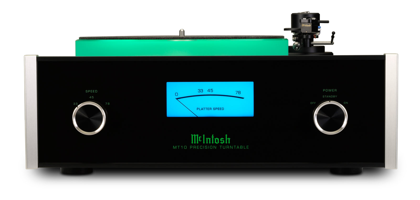 Front view of the McIntosh MT10 turntable showing its large blue platter-speed meter beneath the illuminated green platter.