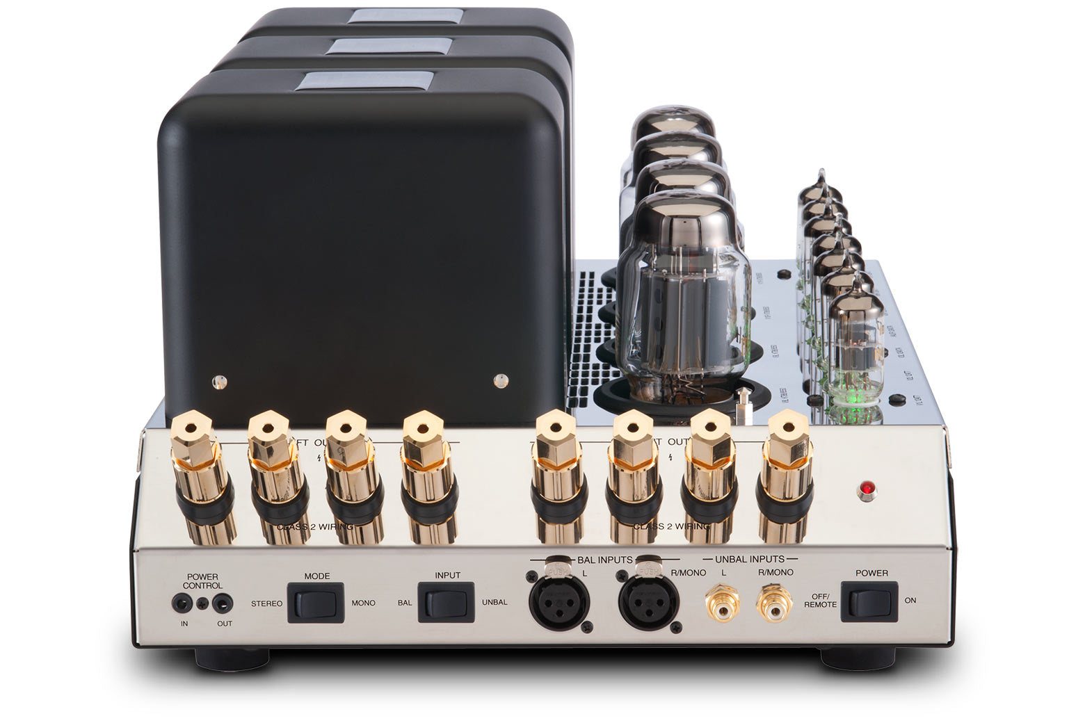 Angled McIntosh MC275 view showing the three transformer housings, output tubes, small-signal tubes, and loudspeaker binding posts