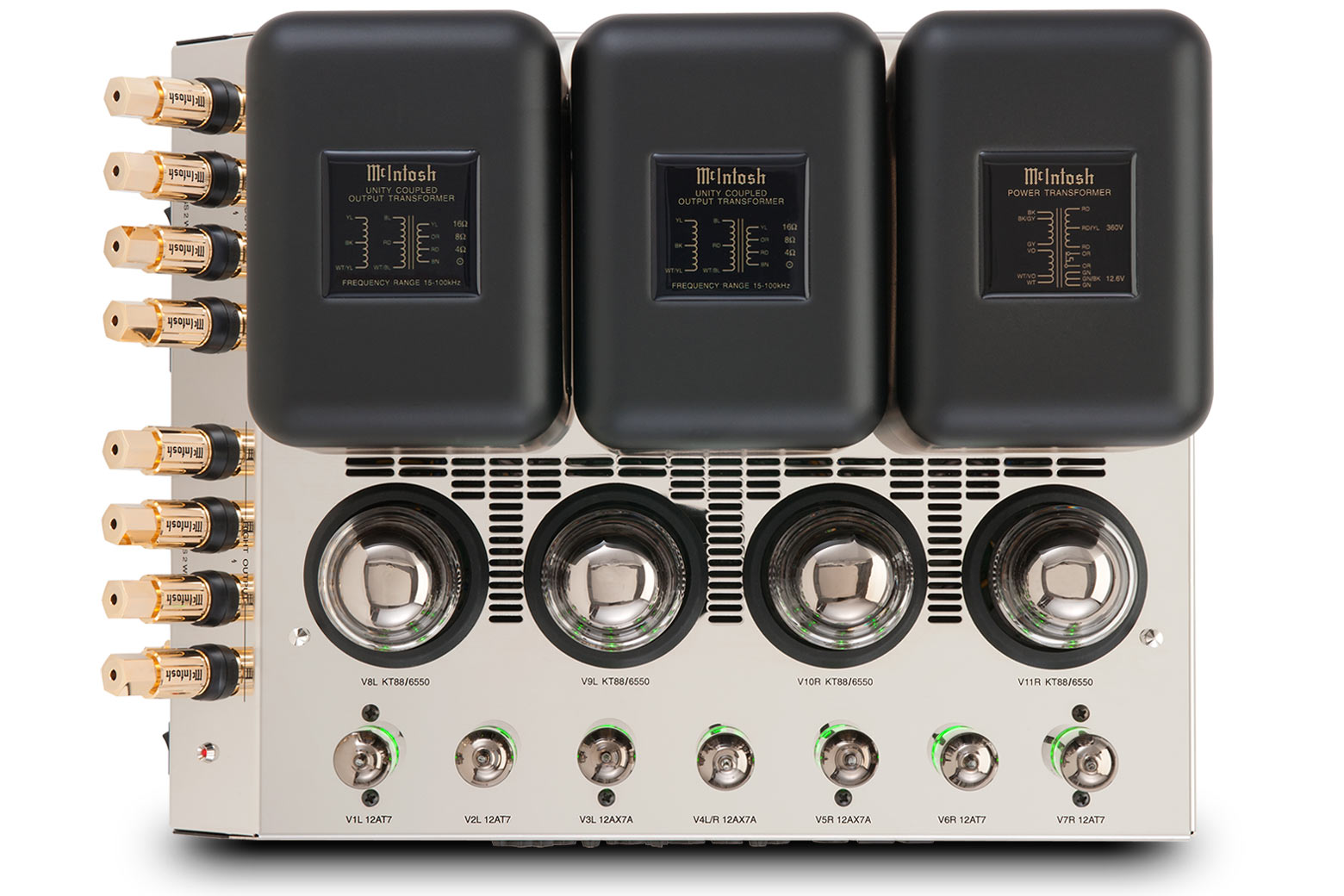 Top view of the McIntosh MC275 showing transformer housings, four KT88 output tubes, smaller tubes, and speaker terminals