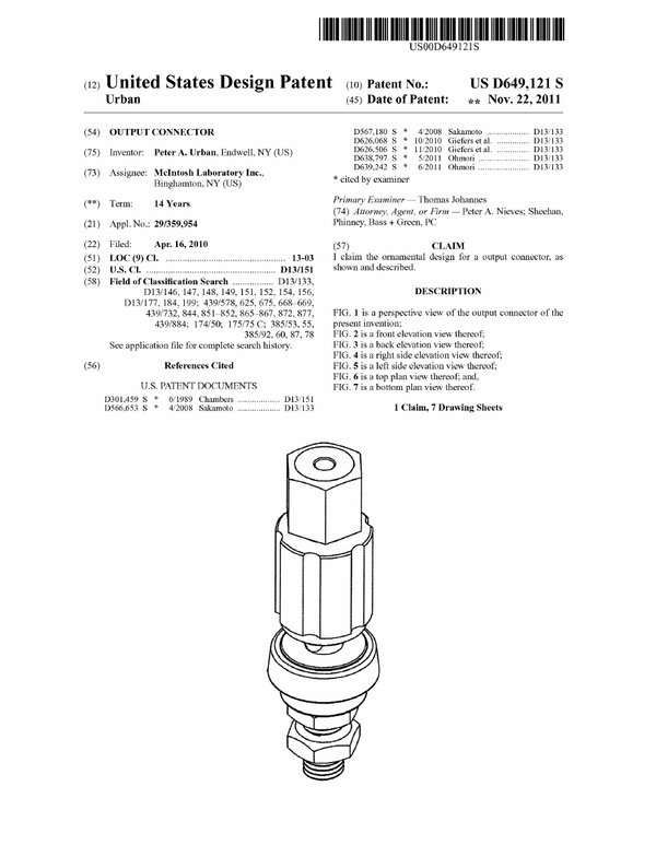 First page of U.S. Design Patent D649,121 S, showing the November 22, 2011 issue date and a drawing of McIntosh’s output connector.