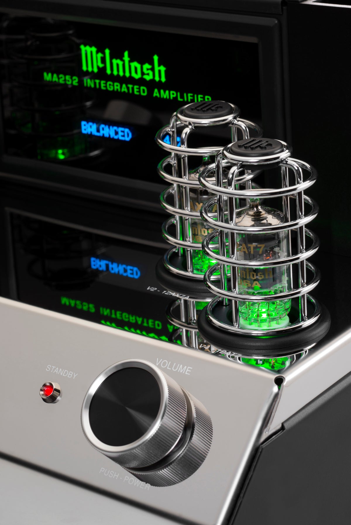 McIntosh MA252 vacuum tubes and front controls close-up