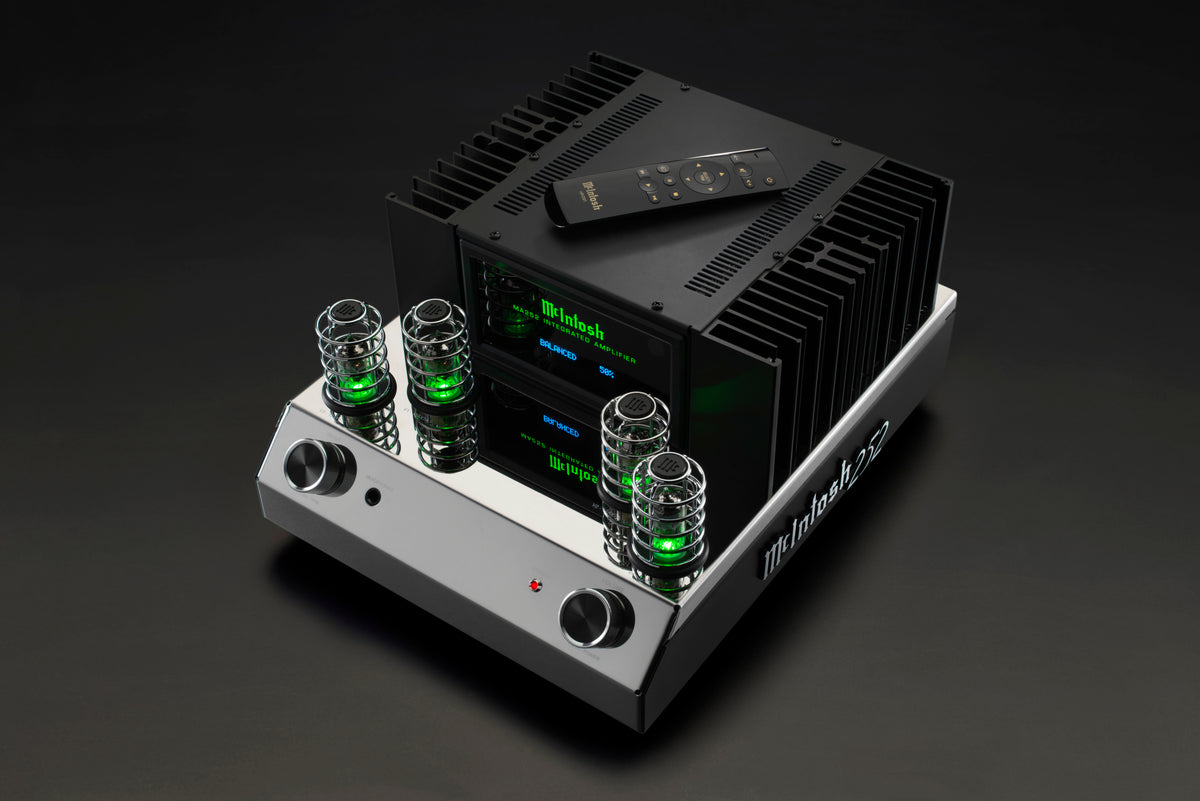 McIntosh MA252 integrated amplifier high-angle view with remote control