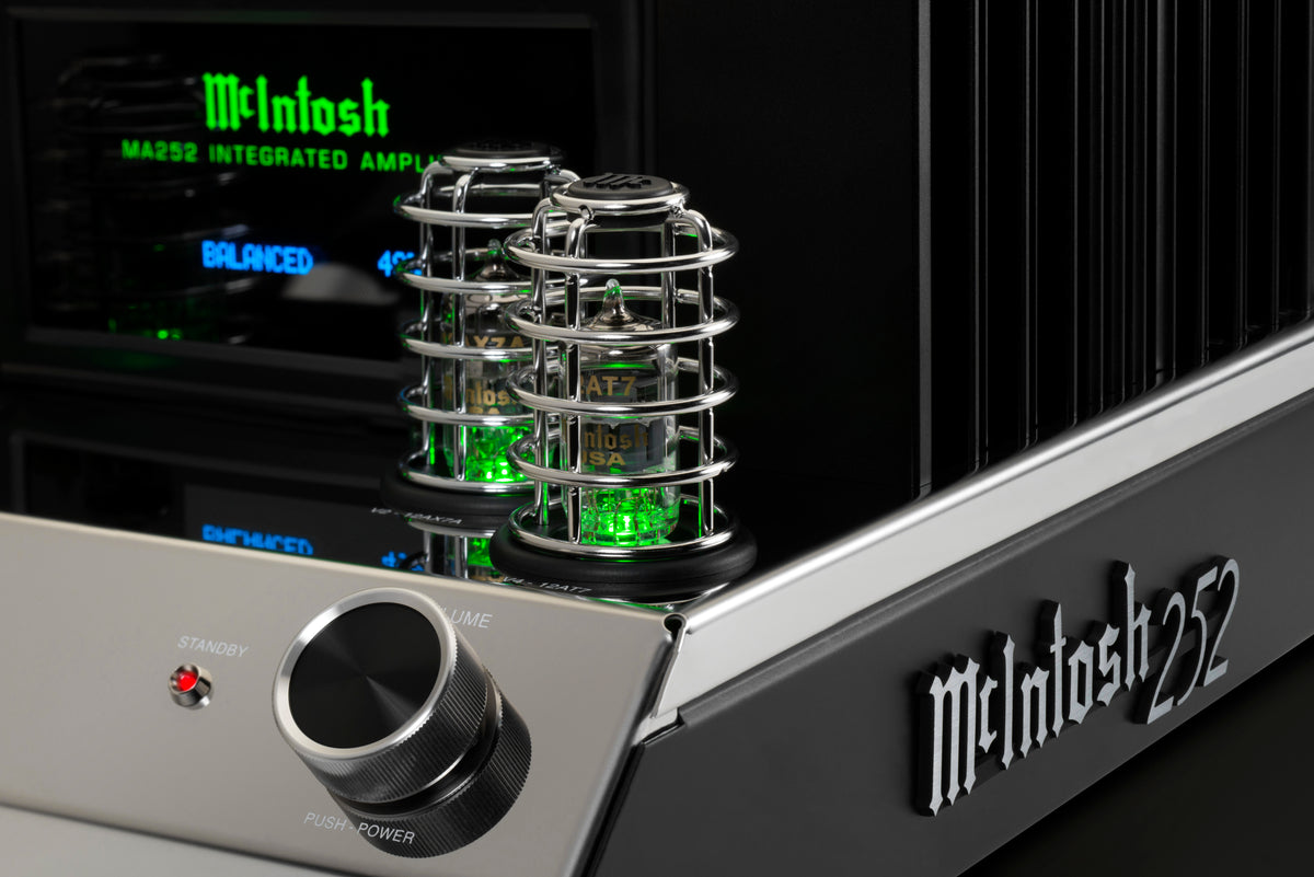 McIntosh MA252 integrated amplifier name badge, vacuum tubes, and control detail