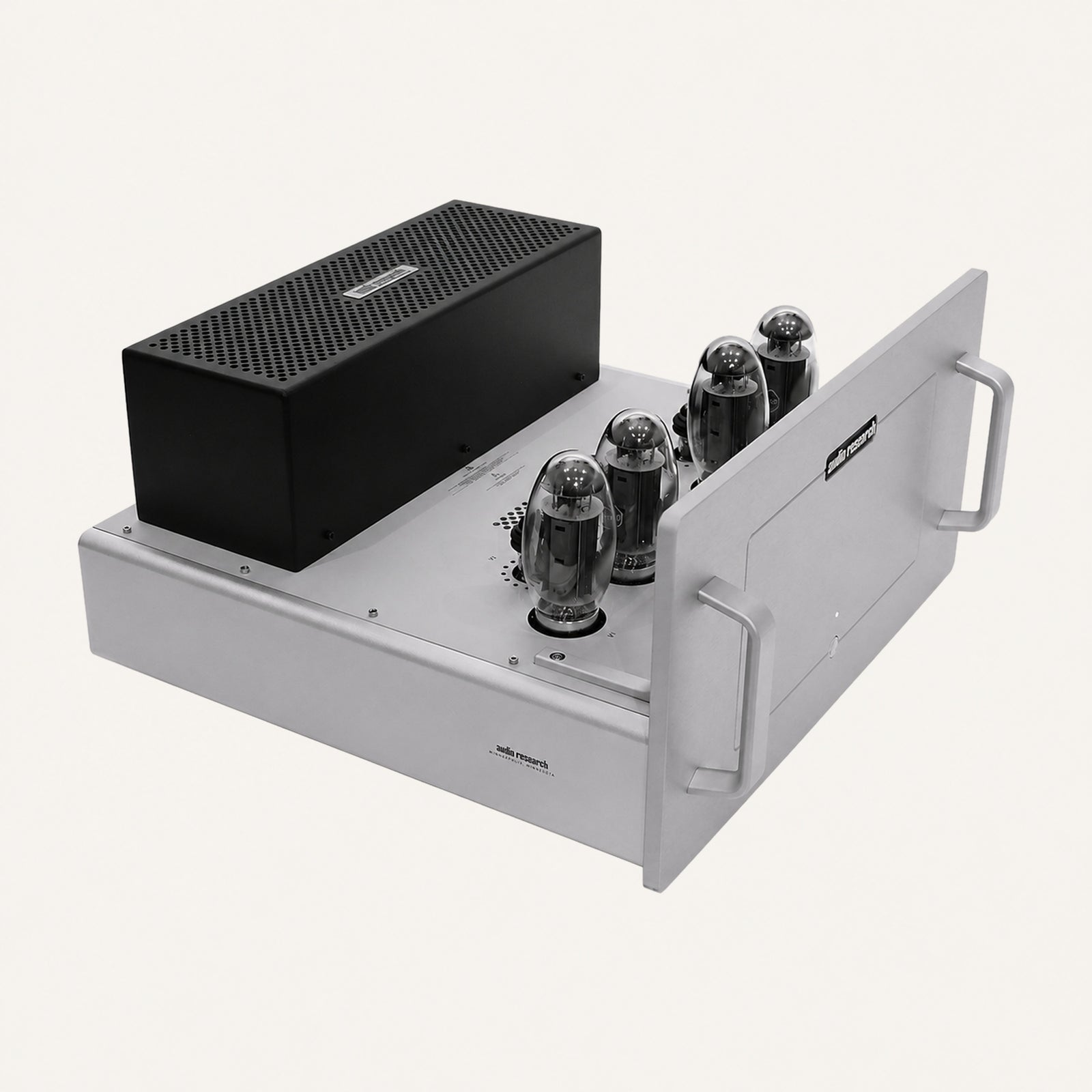 Audio Research D-80 stereo tube power amplifier, silver, top three-quarter view