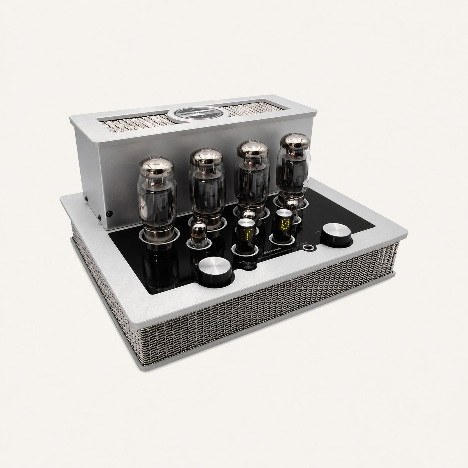 Audio Research I/70 integrated tube amplifier, silver, top three-quarter view