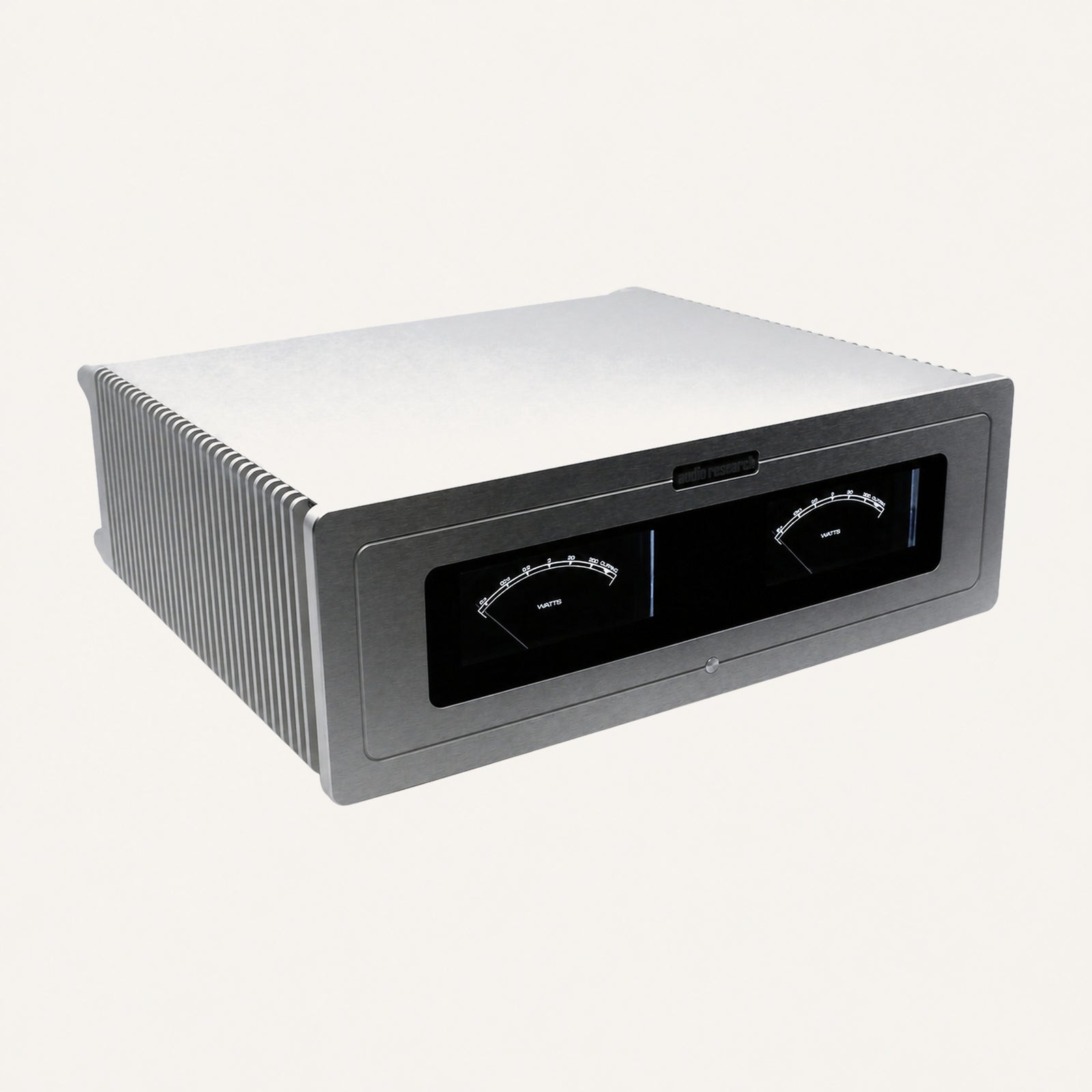 Audio Research S-200 stereo power amplifier, silver, front three-quarter view