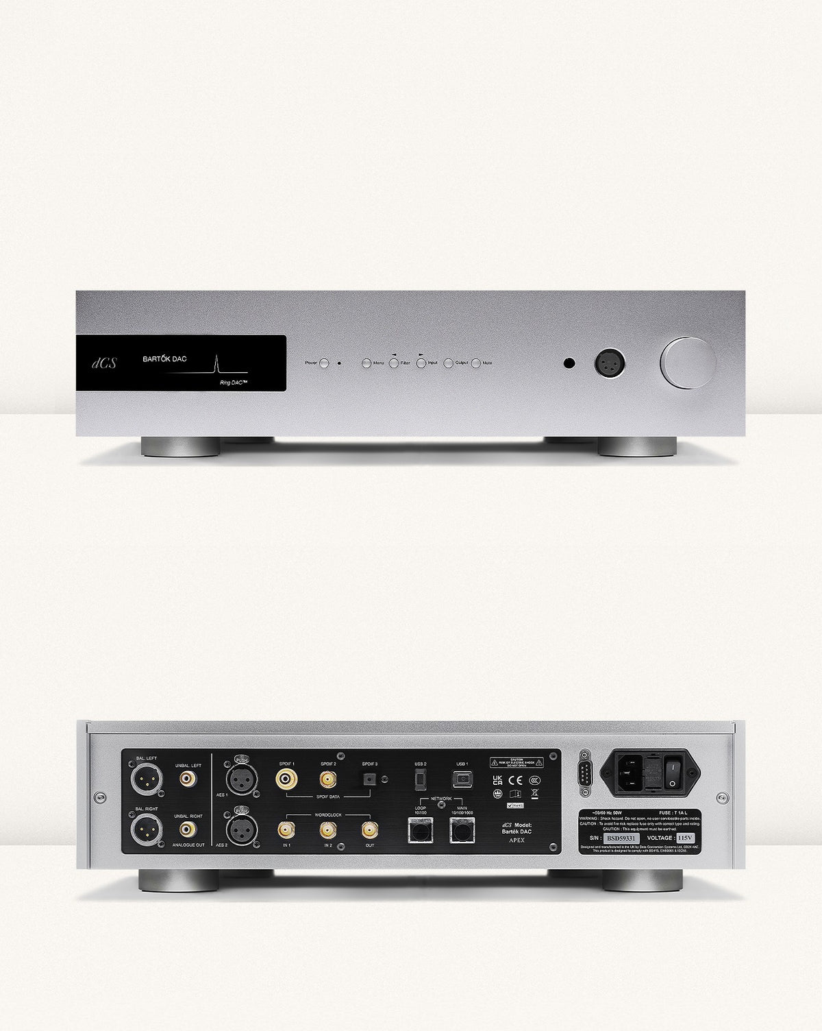 dCS Bartók APEX Headphone DAC front and rear views in the factory composition