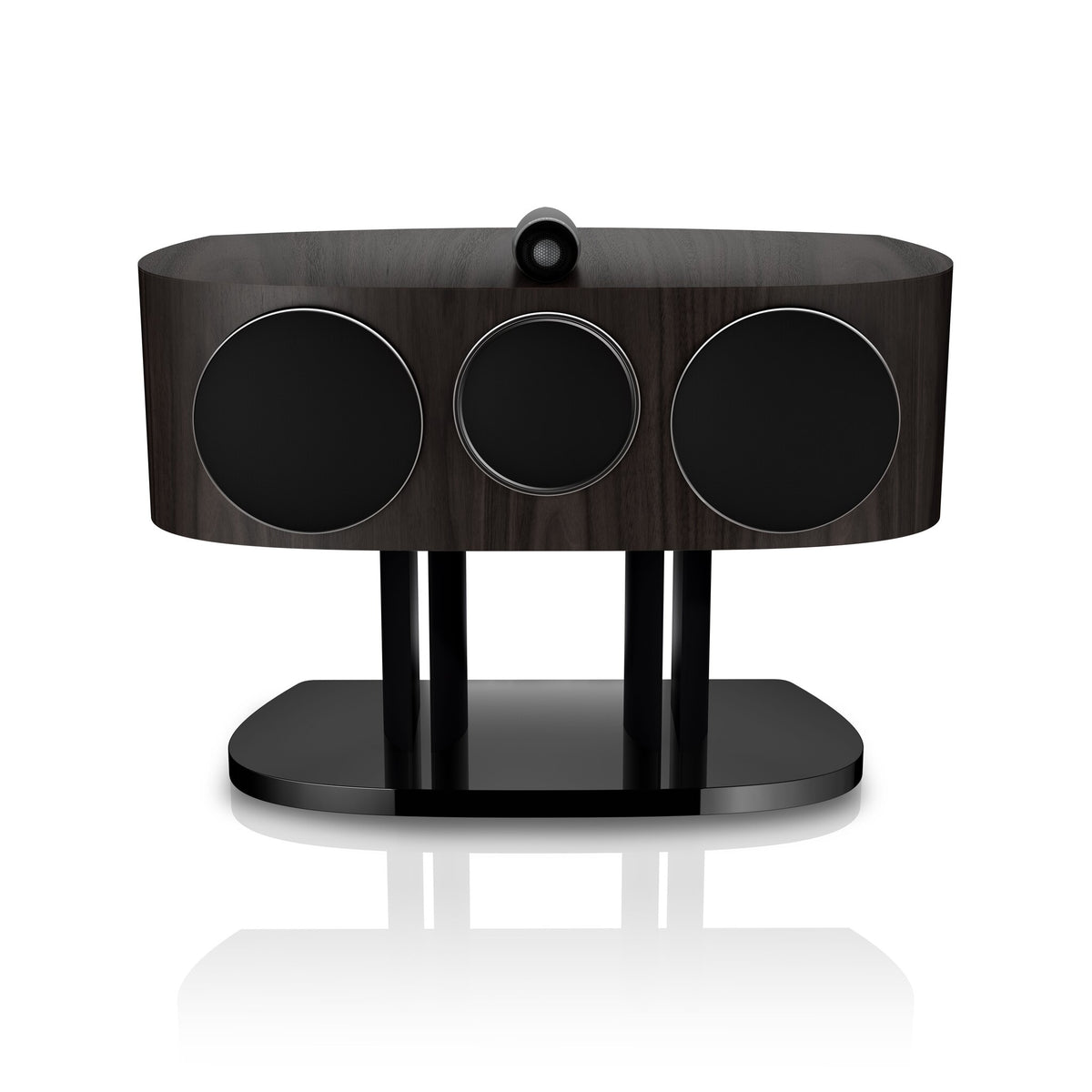 Bowers & Wilkins HTM81 D5 in Dark Walnut, front view with grille