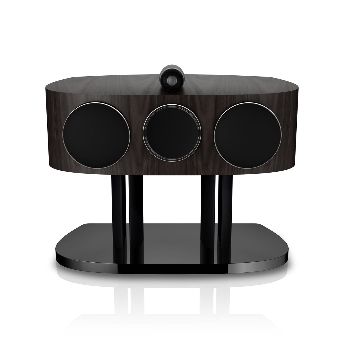 Bowers & Wilkins HTM82 D5 in Dark Walnut, front view with grille