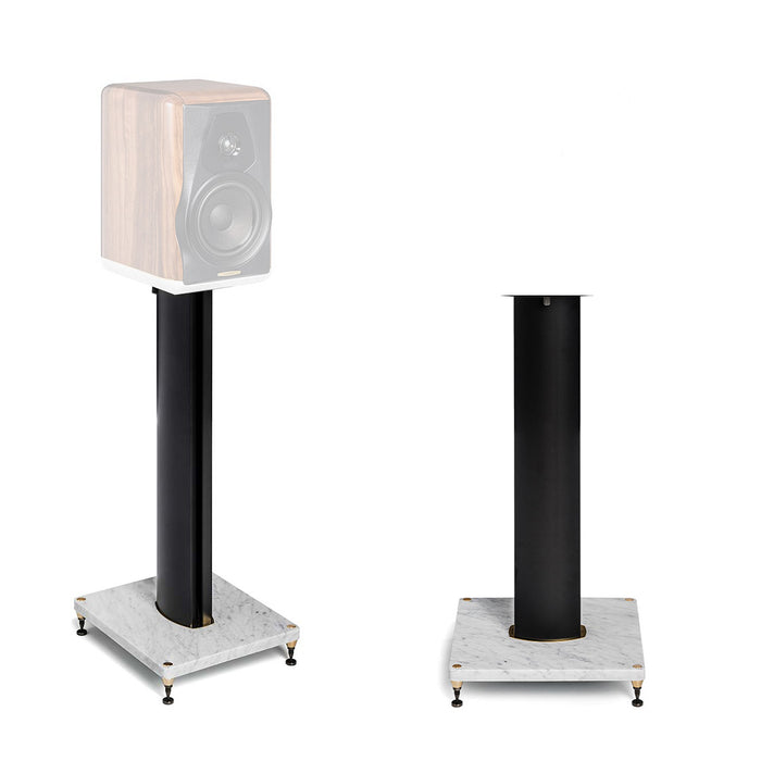 Sonus Faber Carrara Stand in Carrara marble and black aluminum, front view with Electa Amator III