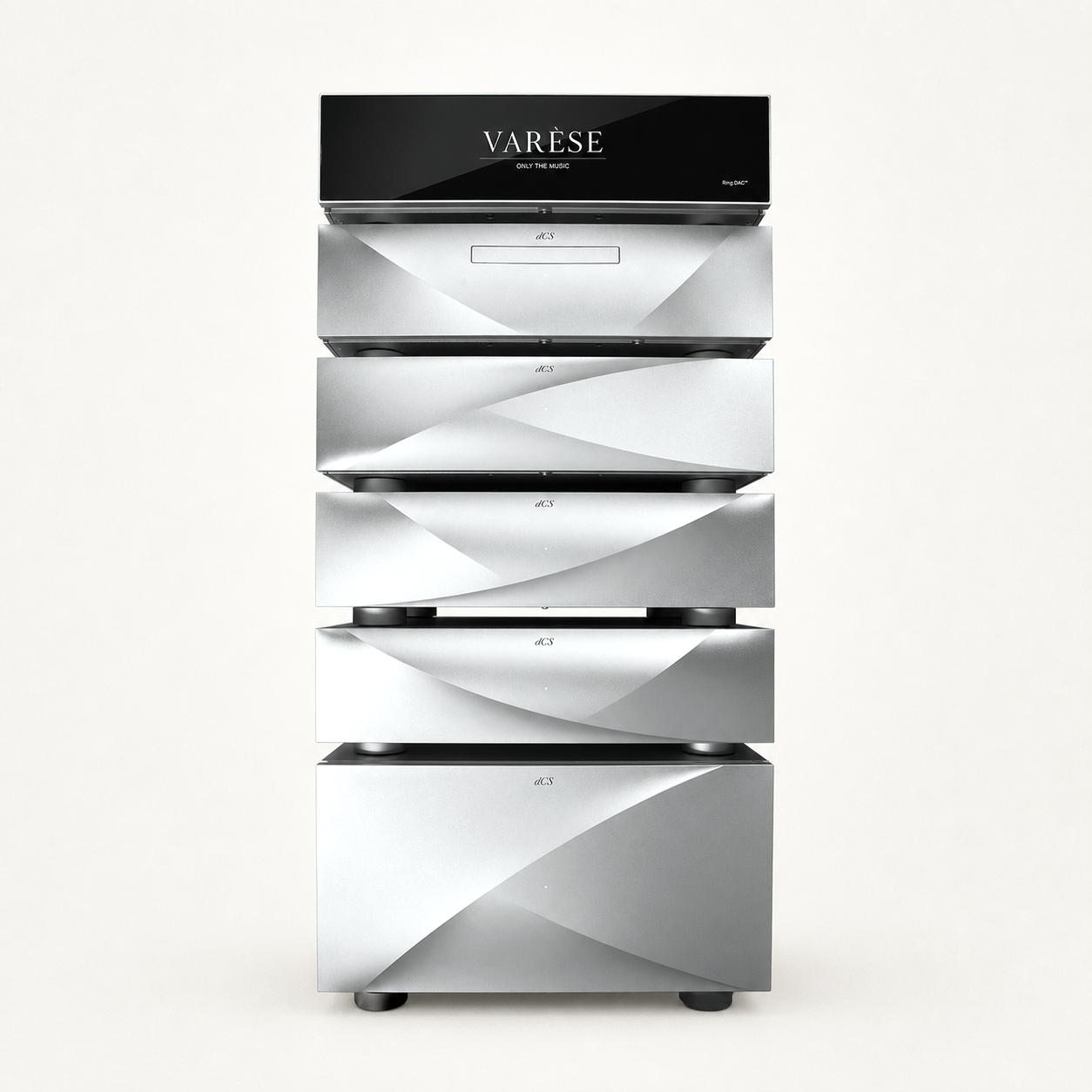 dCS Varèse Music System, complete front-view system on the Rossini APEX warm-neutral background