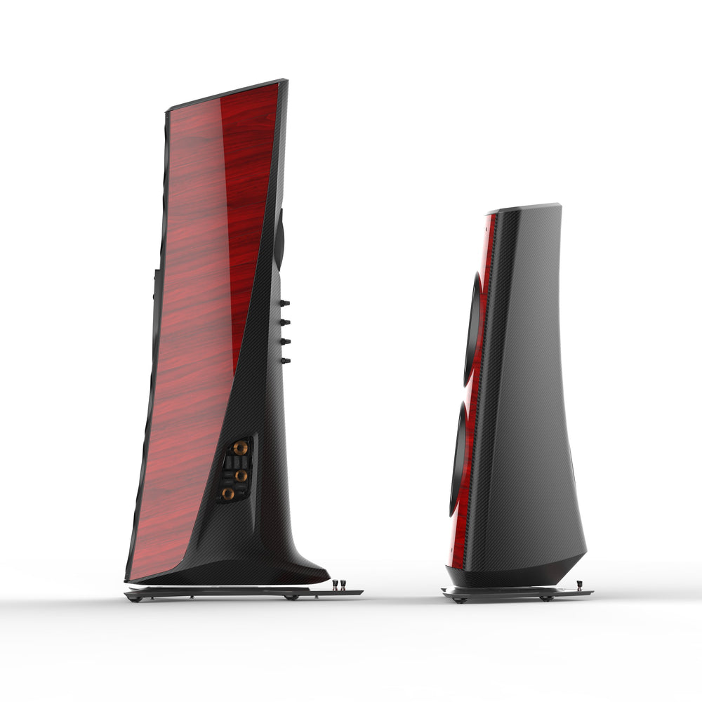 Sonus Faber Suprema in Red High Gloss, side view of main and bass towers