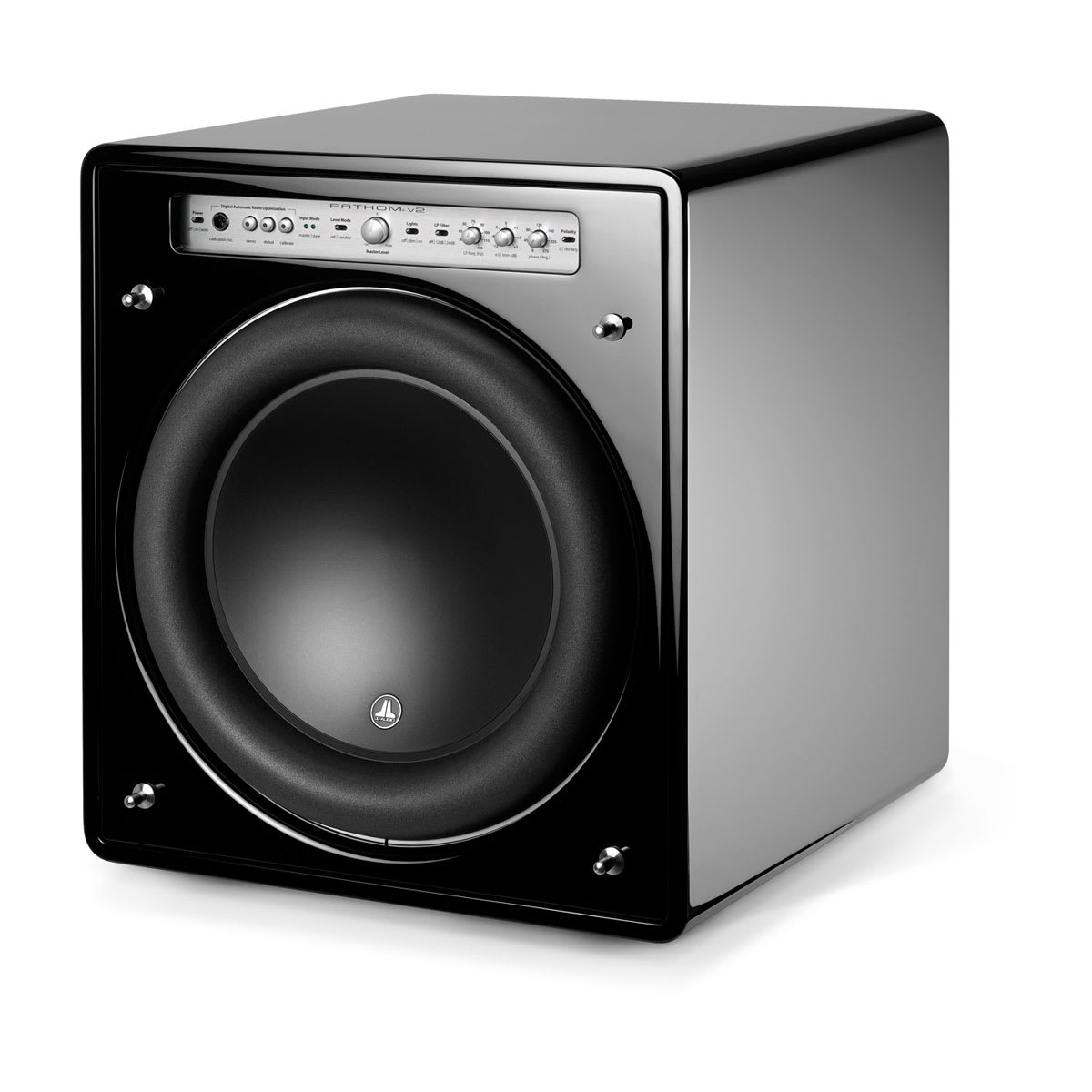 JL Audio Fathom f113v2 in Gloss Black, angle without grille