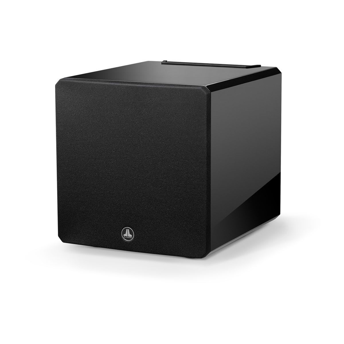 JL Audio E-Sub e110 in Gloss Black, angle with grille
