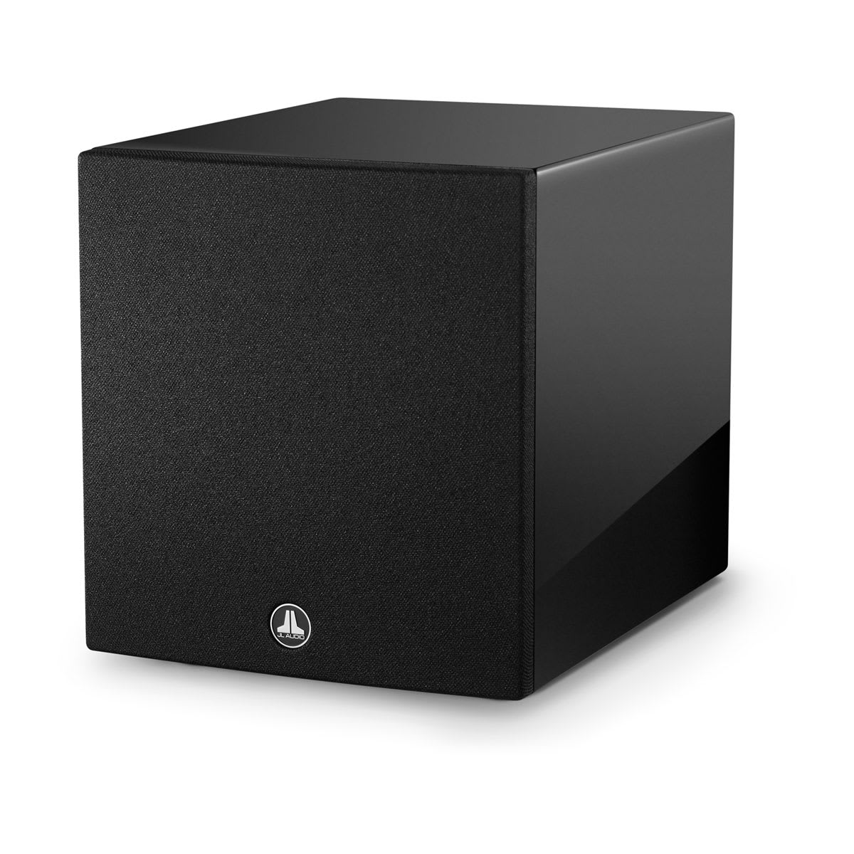 JL Audio Dominion d110 in Gloss Black, angle with grille