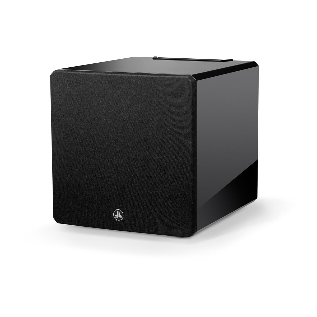 JL Audio E-Sub e112 in Gloss Black, angle with grille