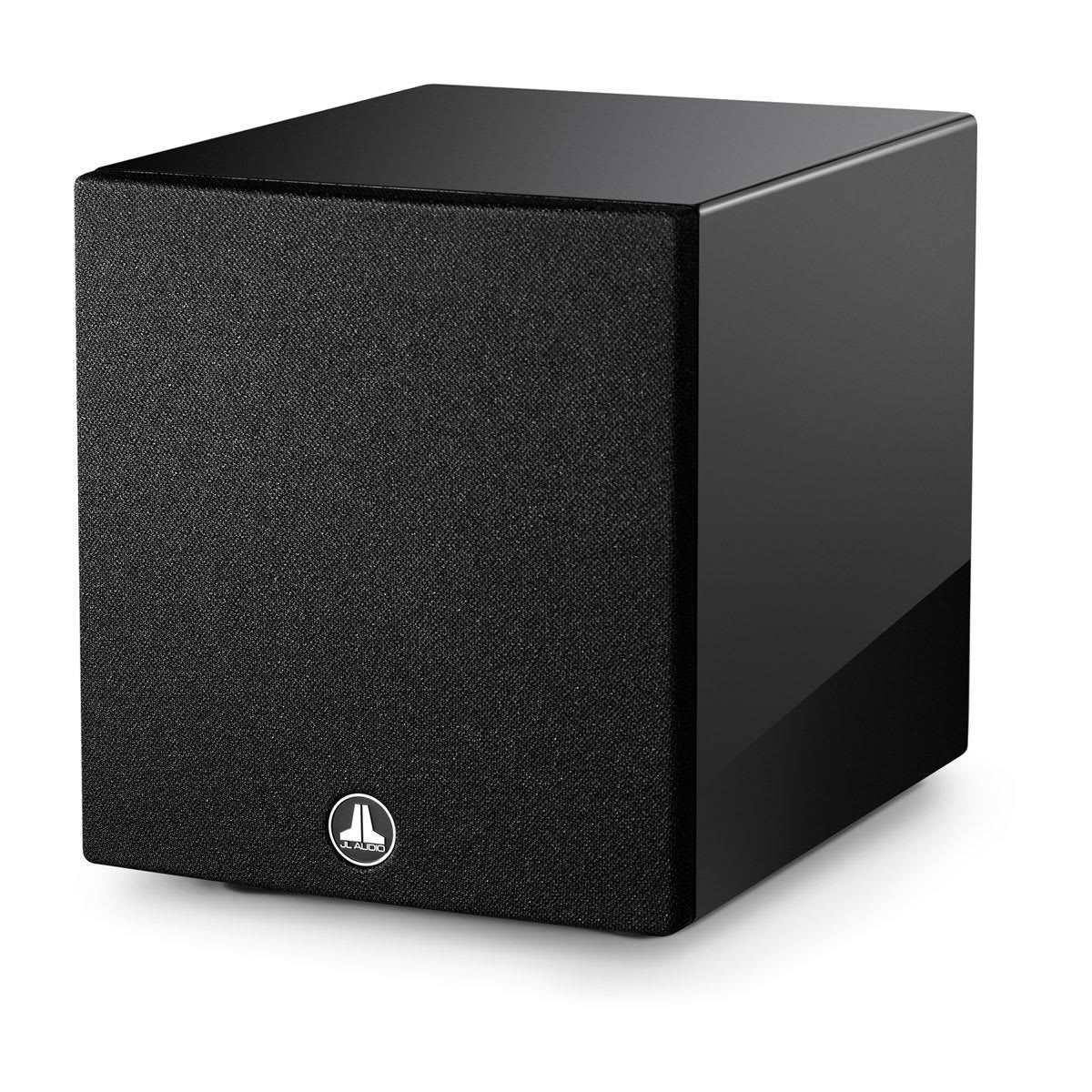 JL Audio Dominion d108 in Gloss Black, angle with grille