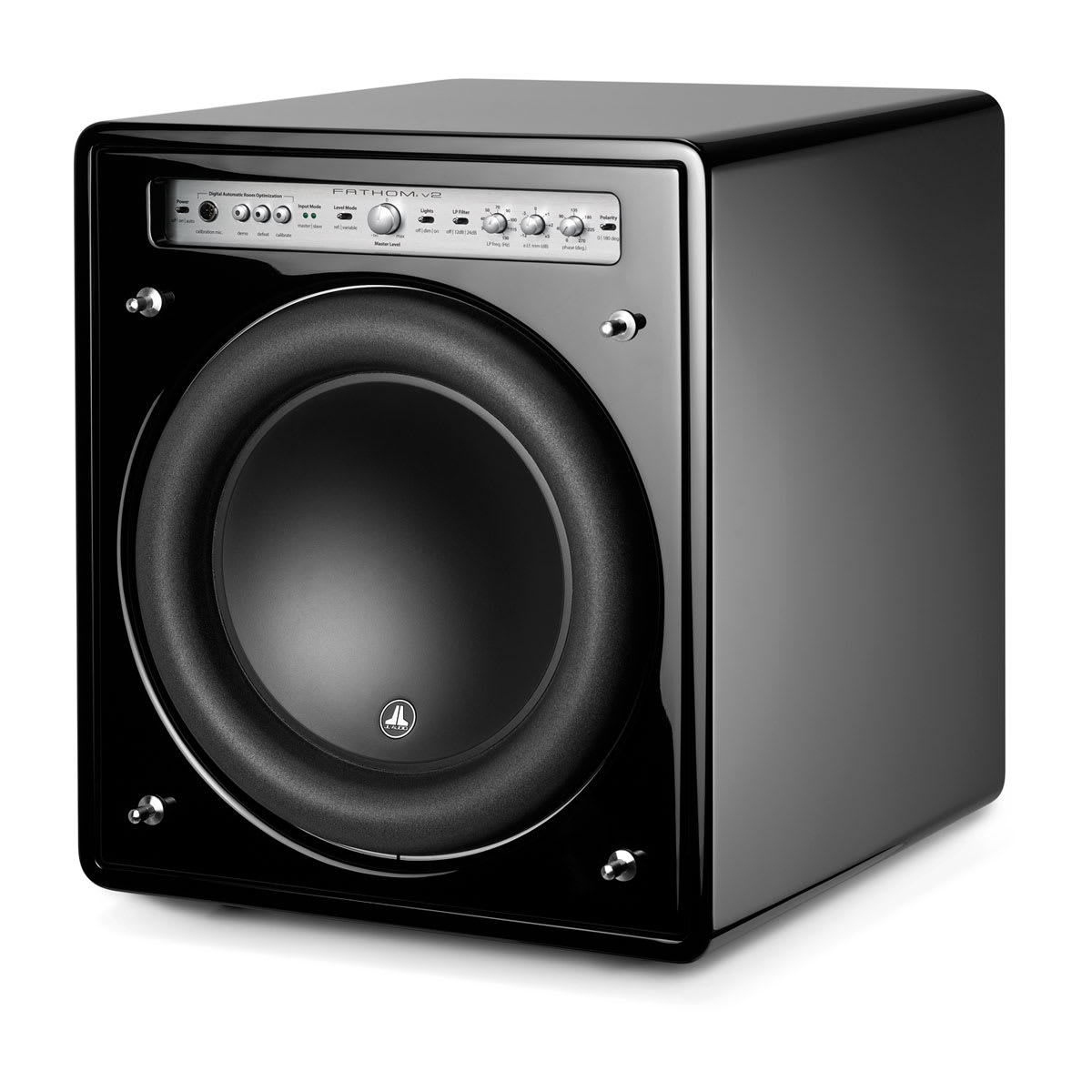 JL Audio Fathom f112v2 in Gloss Black, angle without grille