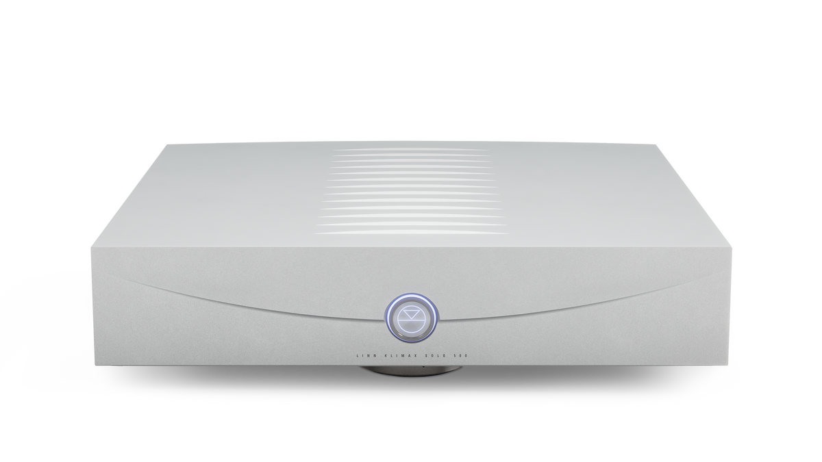 Linn Klimax Solo 500 mono power amplifier in silver, front view