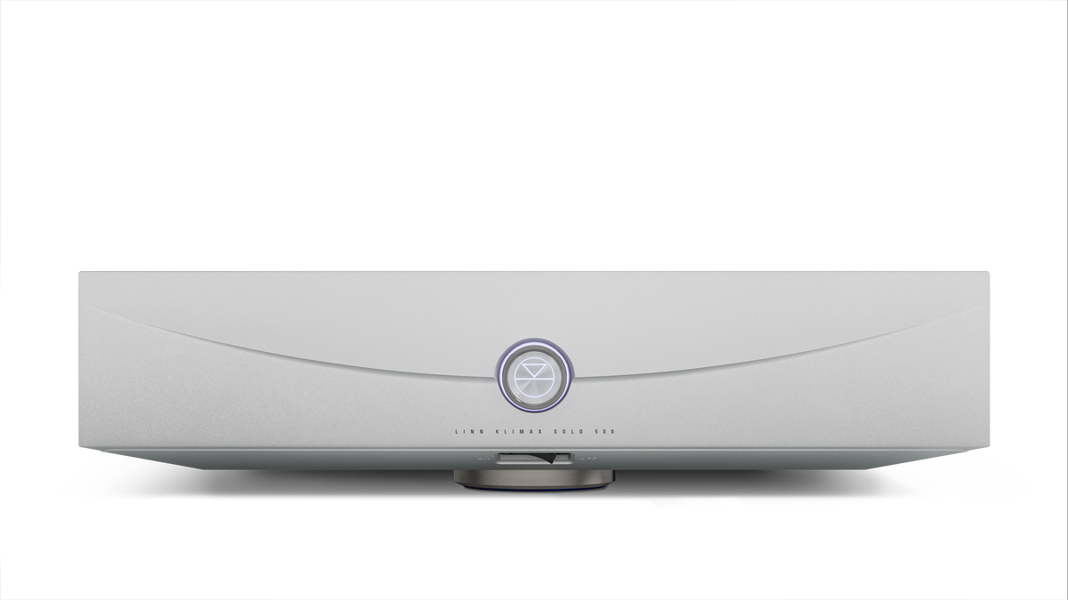Linn Klimax Solo 500 mono power amplifier in silver, front perspective
