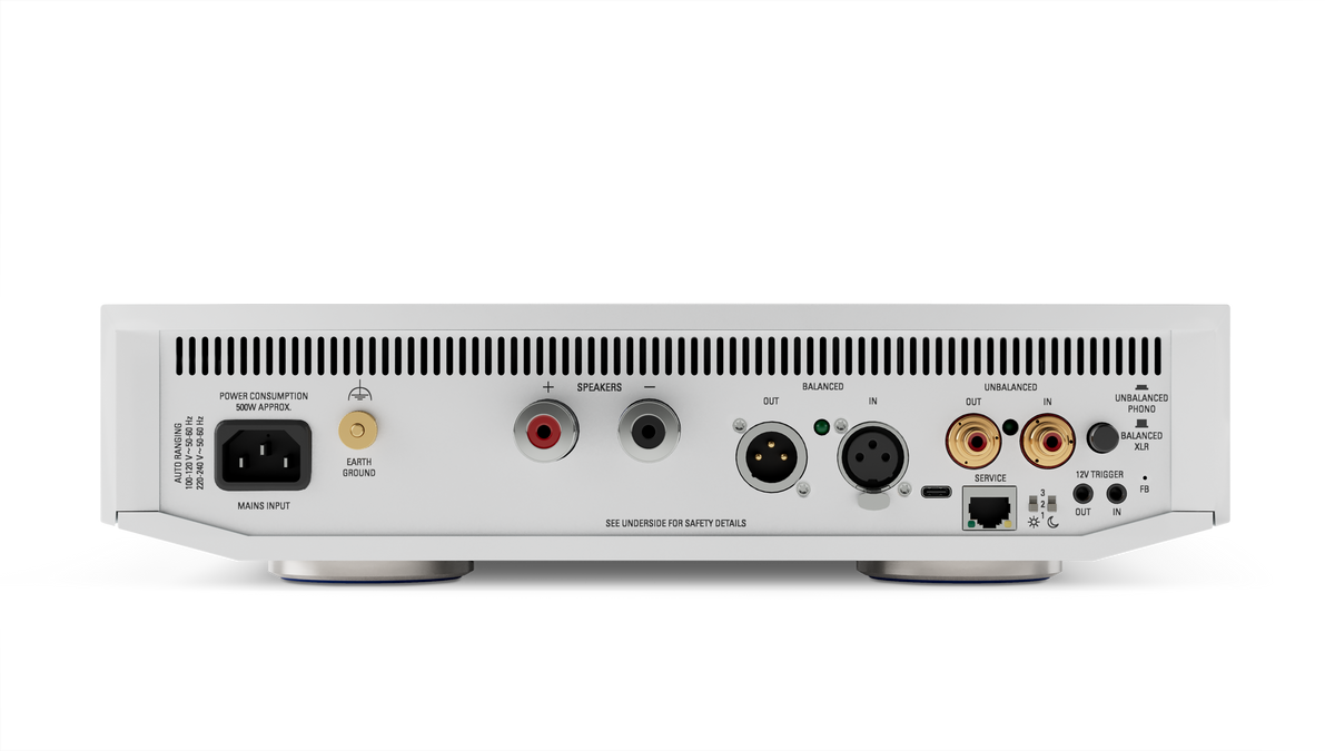 Linn Klimax Solo 500 mono power amplifier in silver, rear connection-panel view