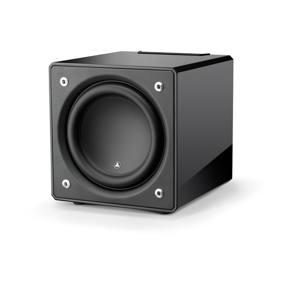JL Audio E-Sub e112 in Gloss Black, angle without grille