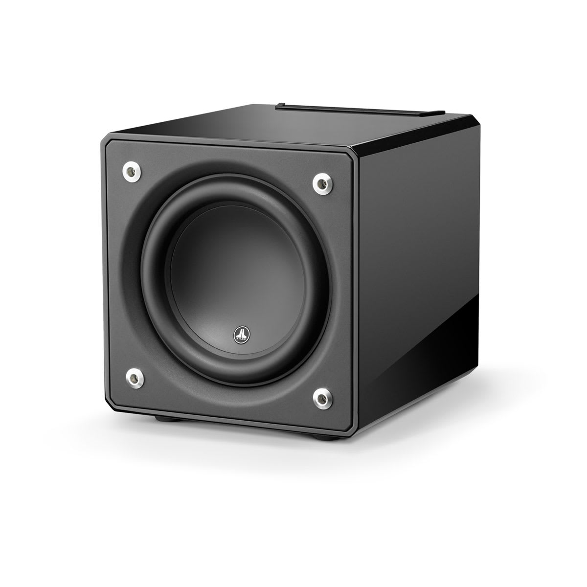 JL Audio E-Sub e110 in Gloss Black, angle without grille