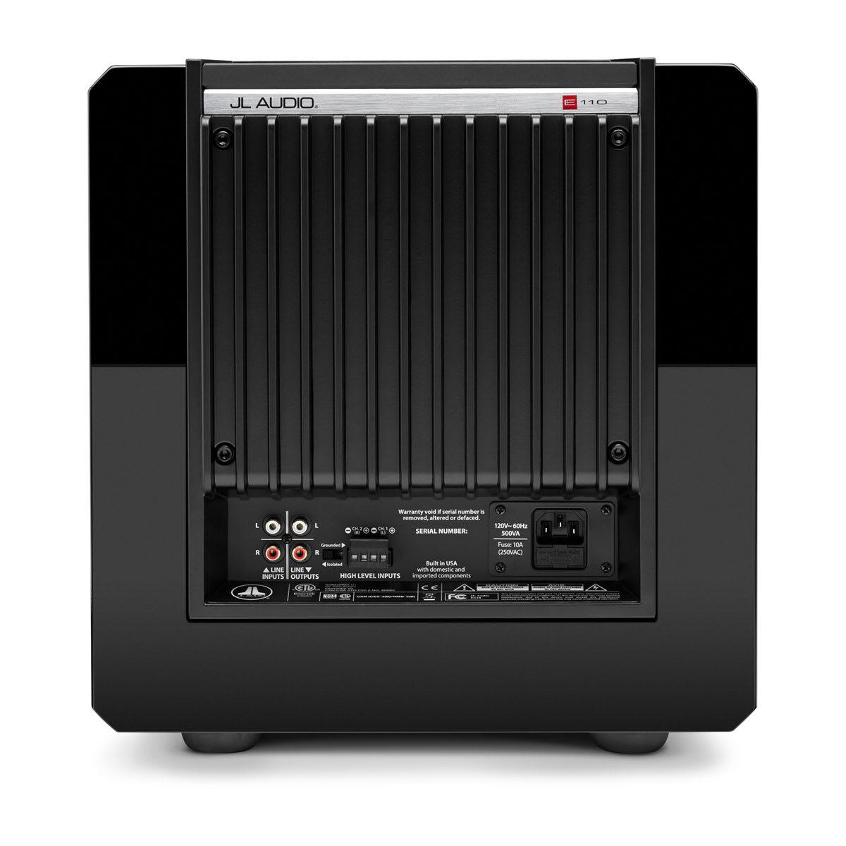 JL Audio E-Sub e110 in Gloss Black, rear panel