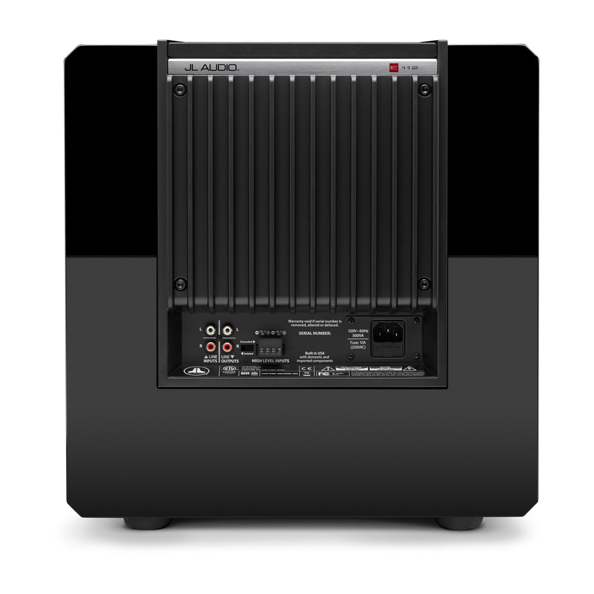 JL Audio E-Sub e112 in Gloss Black, rear panel