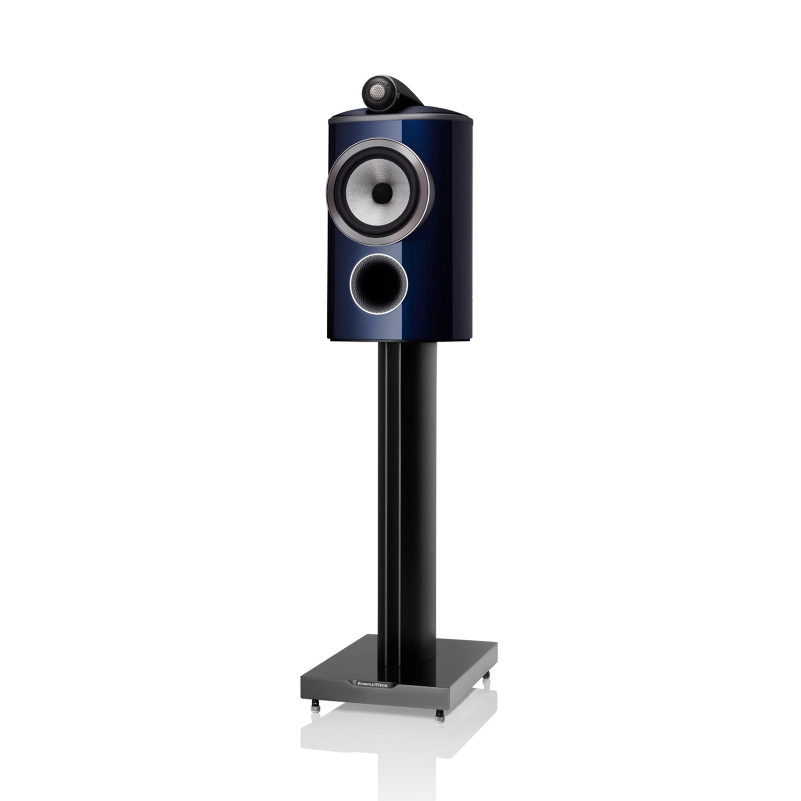 Bowers & Wilkins 805 D4 Signature loudspeaker with stand, Midnight Blue Metallic, front three-quarter view