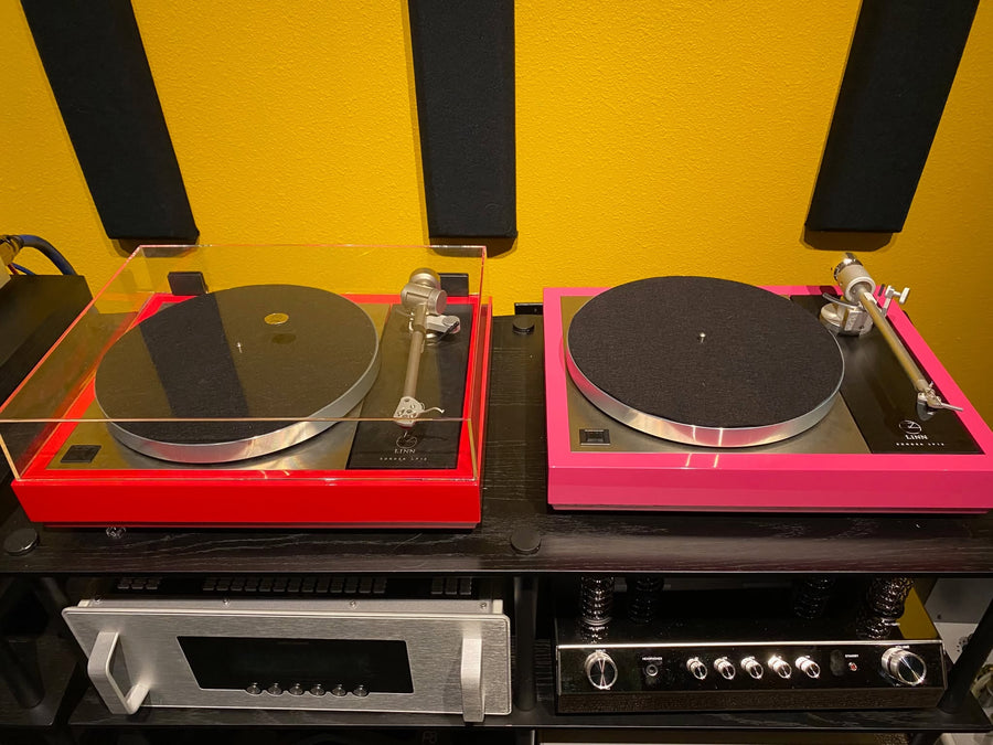 Linn LP12 turntables in custom colors, including the Ferrari red Klimax SE