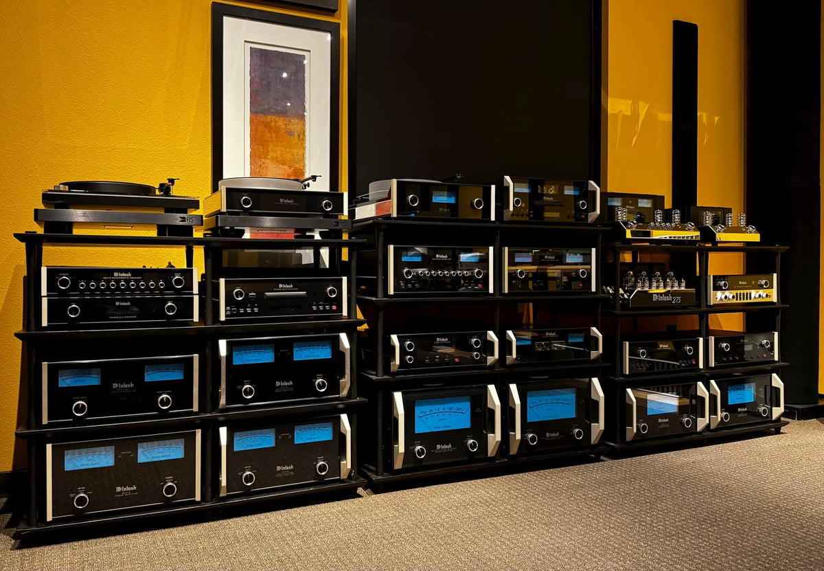 McIntosh wall: racks of McIntosh electronics in the showroom