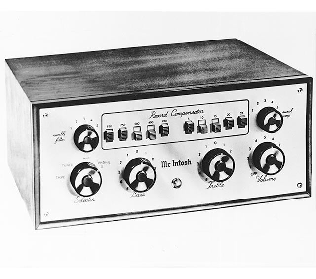 The C8 preamplifier: polished brass faceplate, lacquered wood cabinet, and switches for correct LP playback