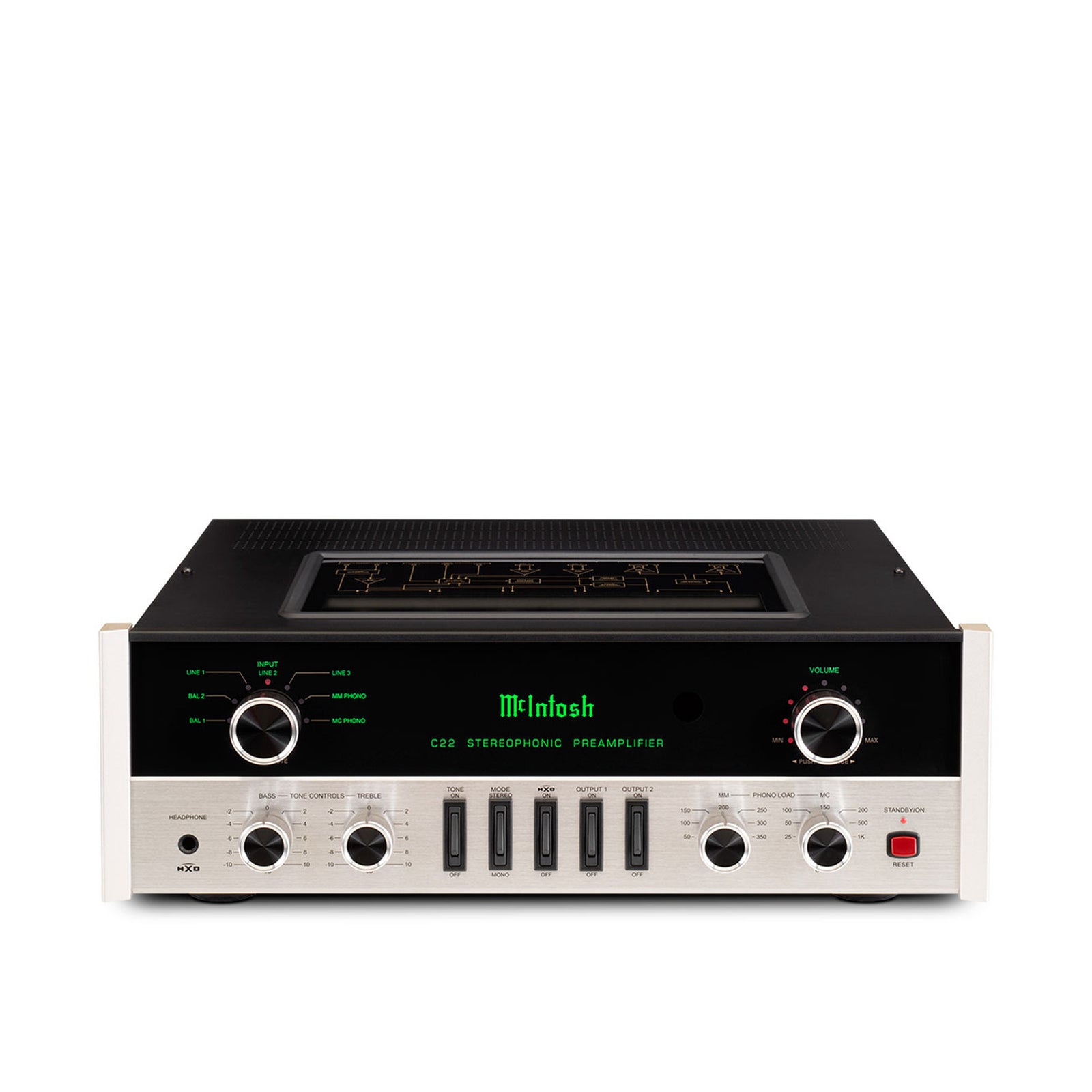 McIntosh C22 Mk V vacuum tube preamplifier, front and top view