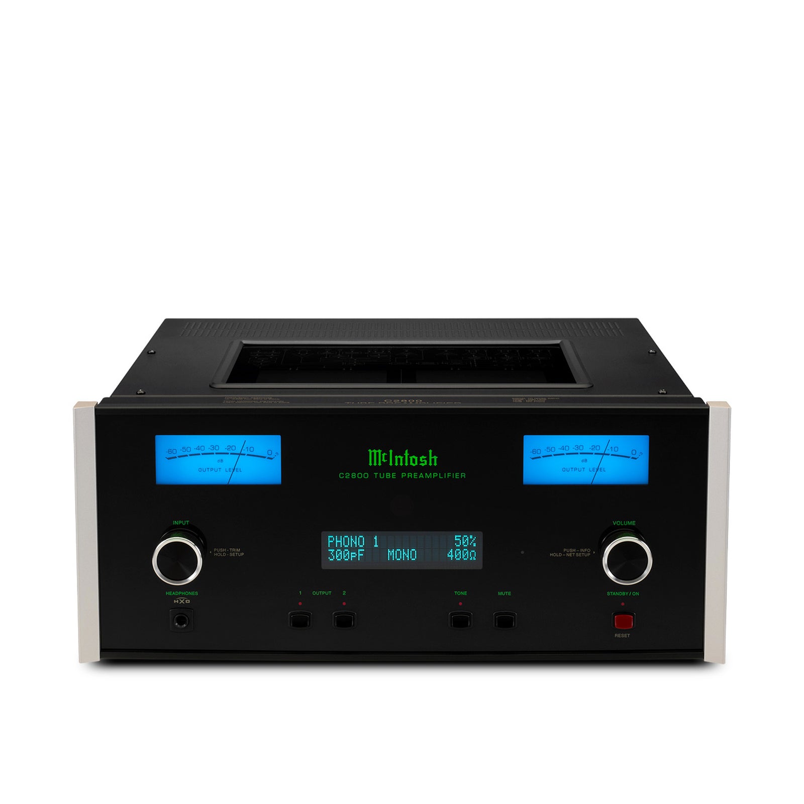McIntosh C2800 vacuum tube preamplifier, front and top view
