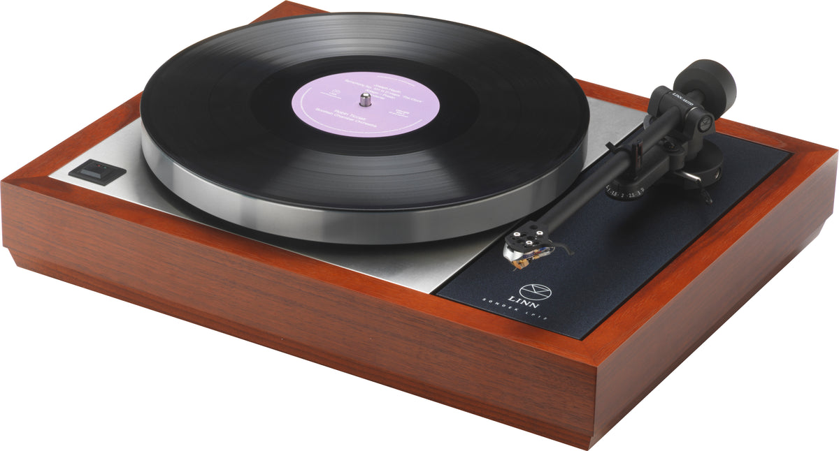 Linn Sondek LP12 in a rosenut plinth, three-quarter view