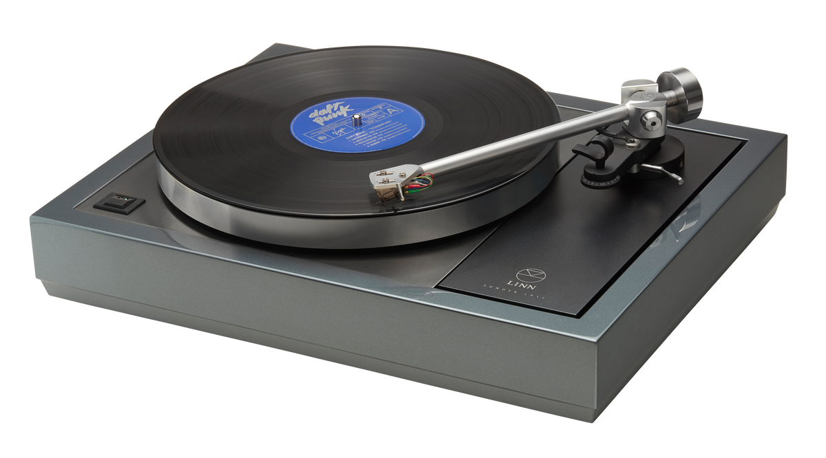 Linn Selekt LP12 turntable with Arko tonearm, three-quarter view, playing