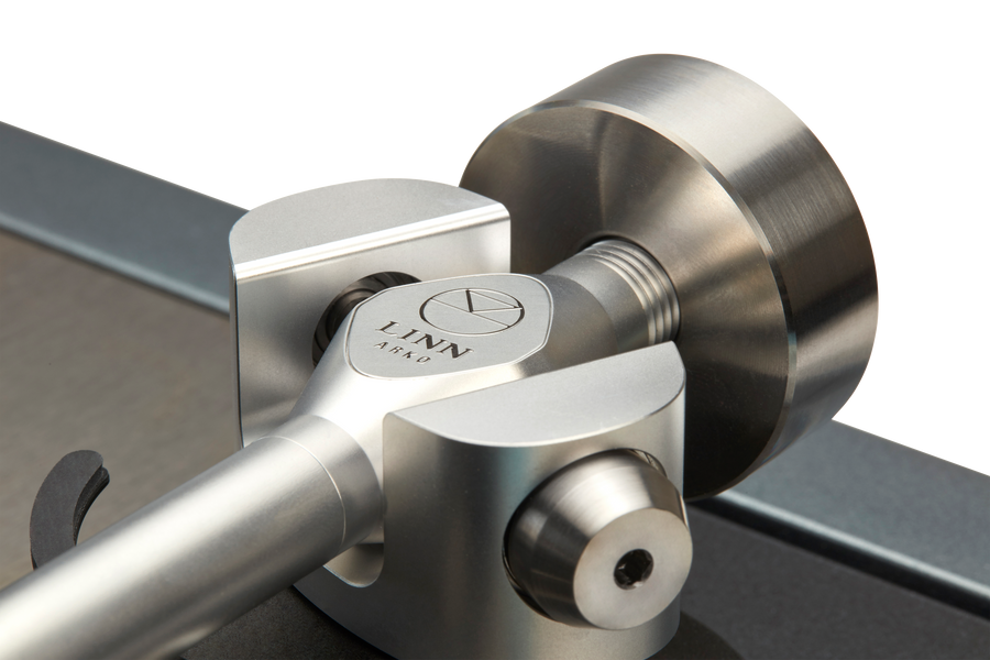 Linn Arko tonearm, close view of the gimbal and badge