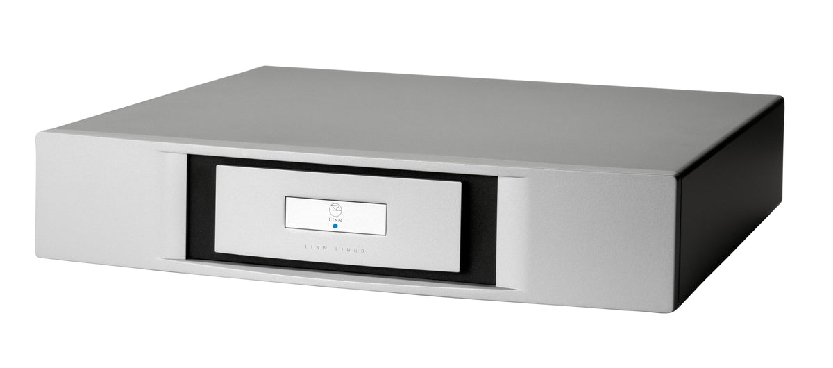 Linn Lingo power supply in silver, three-quarter view