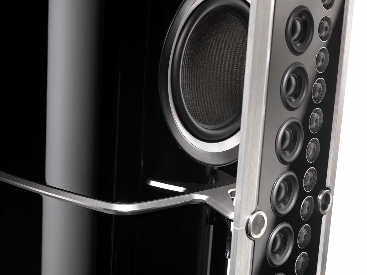 The driver column of a McIntosh XRT line-array loudspeaker, seen without its grille