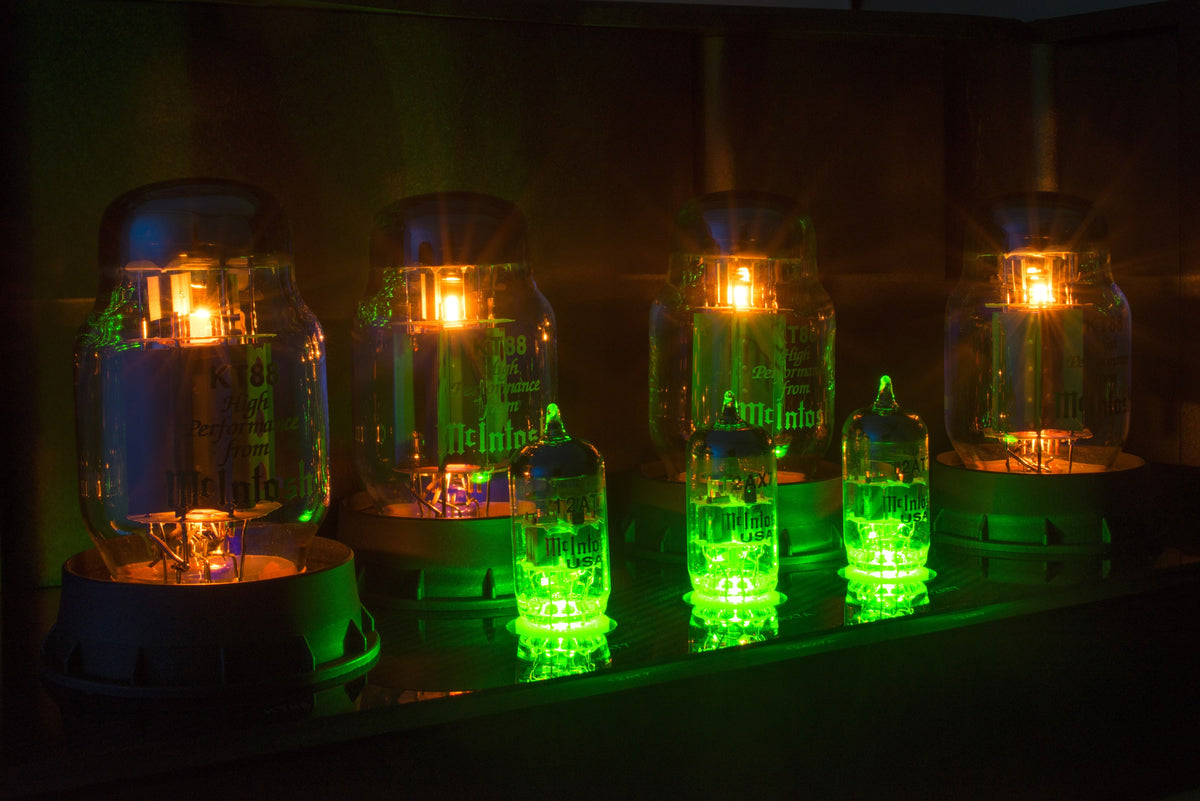 Output tubes and small-signal tubes glowing in a McIntosh vacuum-tube amplifier