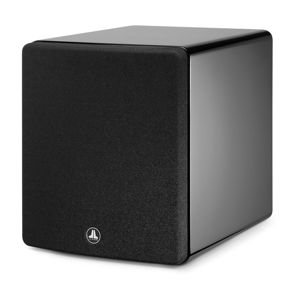 JL Audio Fathom f110v2 in Gloss Black, angle with grille