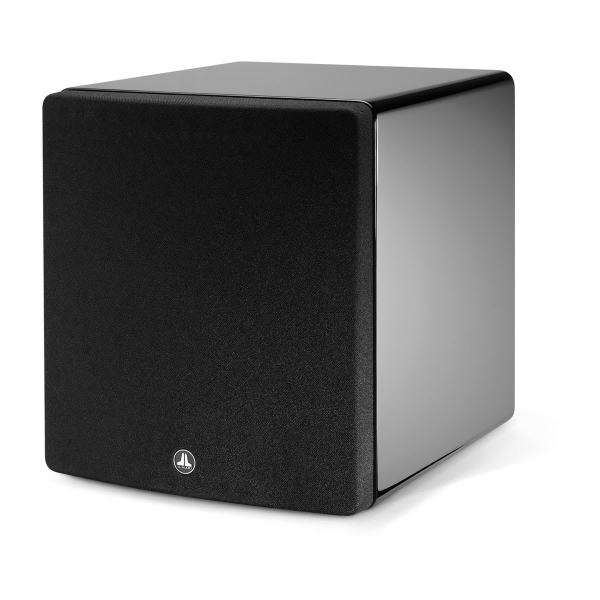 JL Audio Fathom f113v2 in Gloss Black, angle with grille
