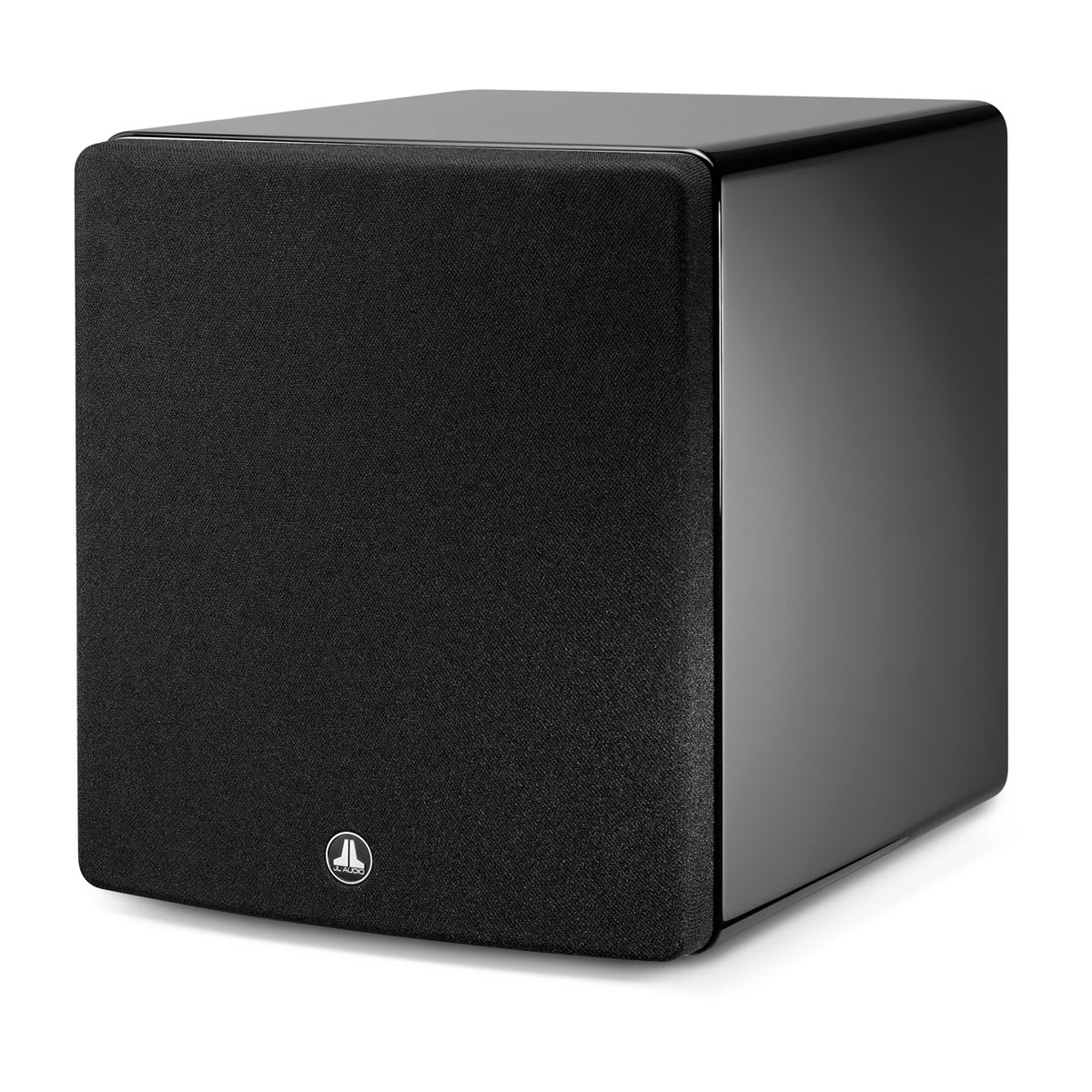 JL Audio Fathom f112v2 in Gloss Black, angle with grille